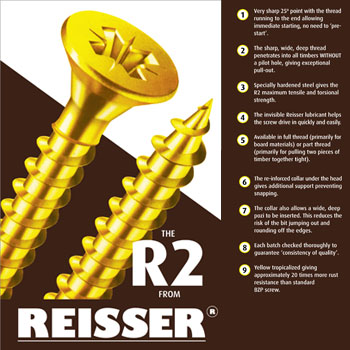 Reisser R2 Countersunk Pozidrive Full Thread Yellow Woodscrew  5mm x 70mm blister pack of 20