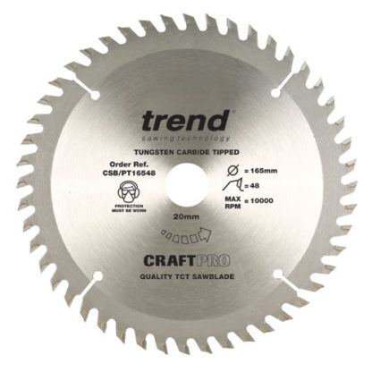 TREND CSB/PT16548 CRAFTPRO 165MM DIAMETER 20MM BORE 48 TOOTH FINE FINISH CUT SAW BLADE FOR PLUNGE SAWS