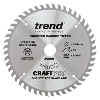 TREND CSB/16048A TREND CRAFT PRO 160MM DIAMETER 20MM BORE 48 TOOTH FINE FINISH CUT SAW BLADE FOR HAND HELD CIRCULAR SAWS