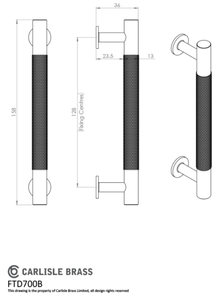 CARLISLE BRASS KNURLED PULL HANDLE MATT BLACK - 128MM CENTRES, 158MM OVERALL